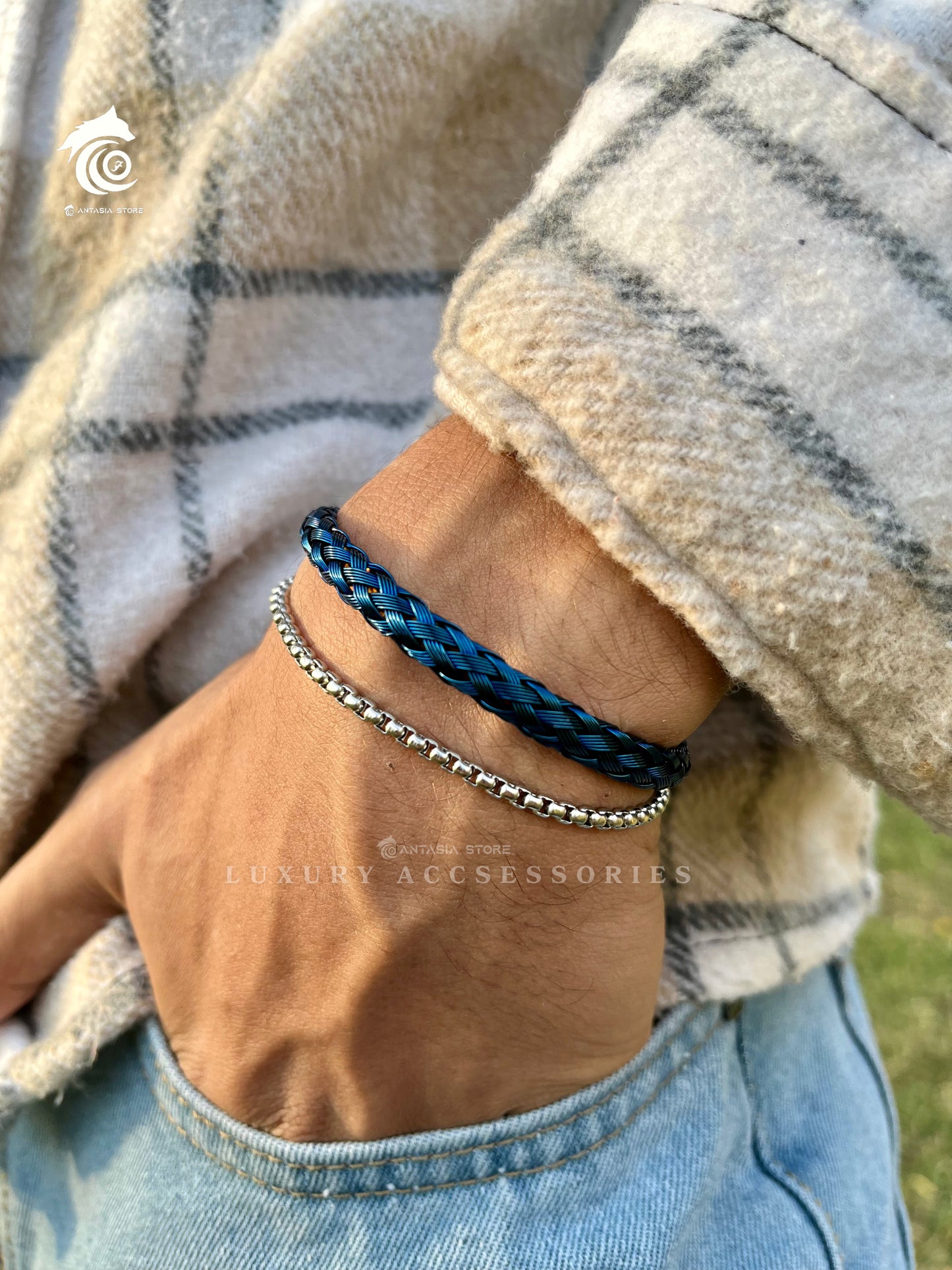 Blue Braided-Silver Bracelet